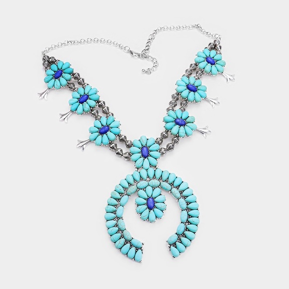 TURQUOISE STONE SQUASH BLOSSOM NECKLACE & EARRINGS - Picture 2 of 2